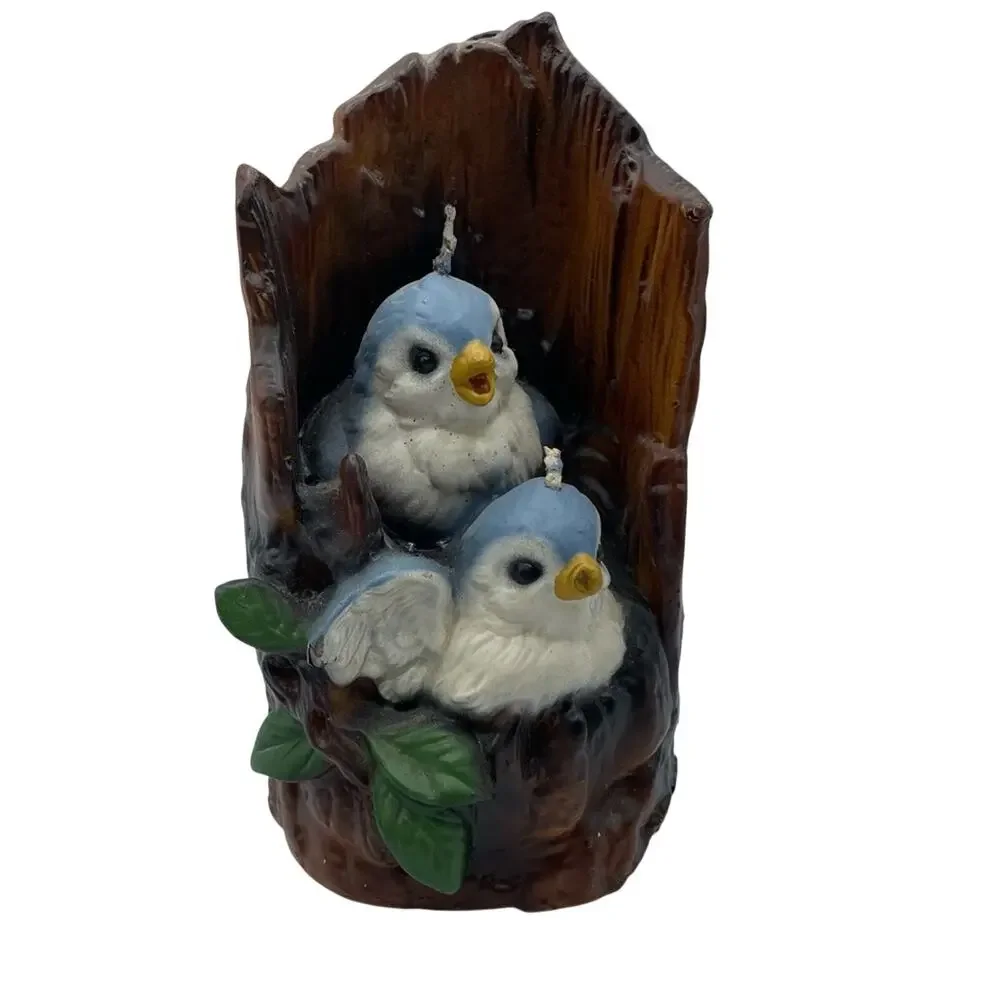 Vintage Wax Figurine Blue Birds On A Log Candle